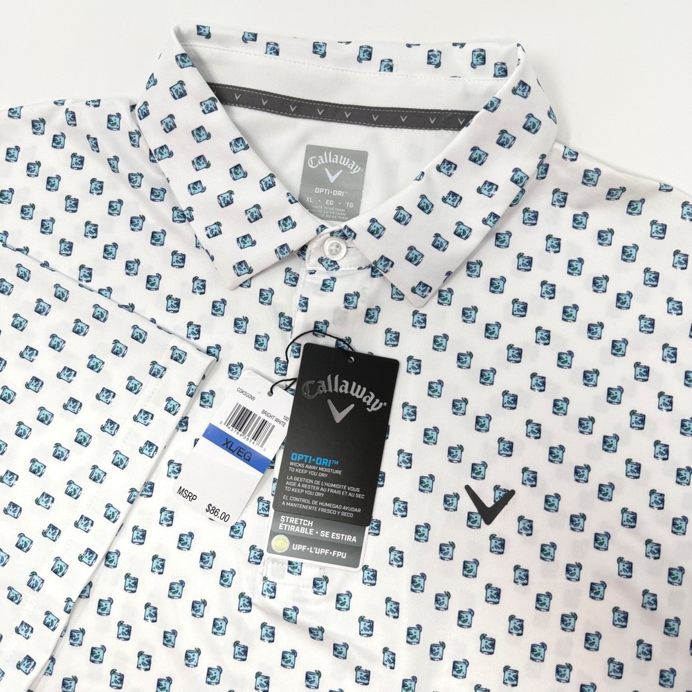 Callaway Mens Opti-Dri Golf Polo Shirt XL White Cocktail Drink Print NEW
